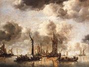 Jan van de Cappelle A Dutch Yacht Firing a Salute as a Barge Pulls Away and Many Small vessels at Anchor USA oil painting artist